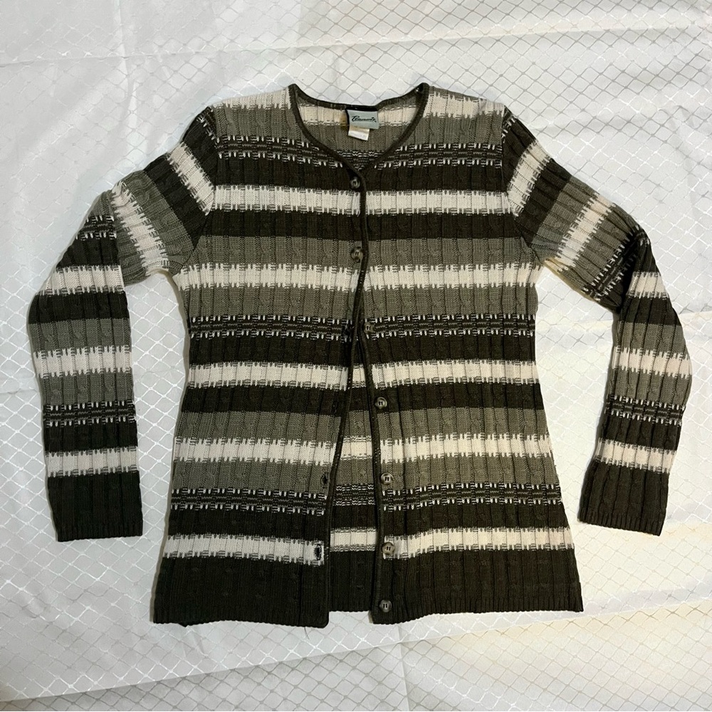 Penman’s Green & Cream Striped Pattern Knit Cardigan Button Sweater
